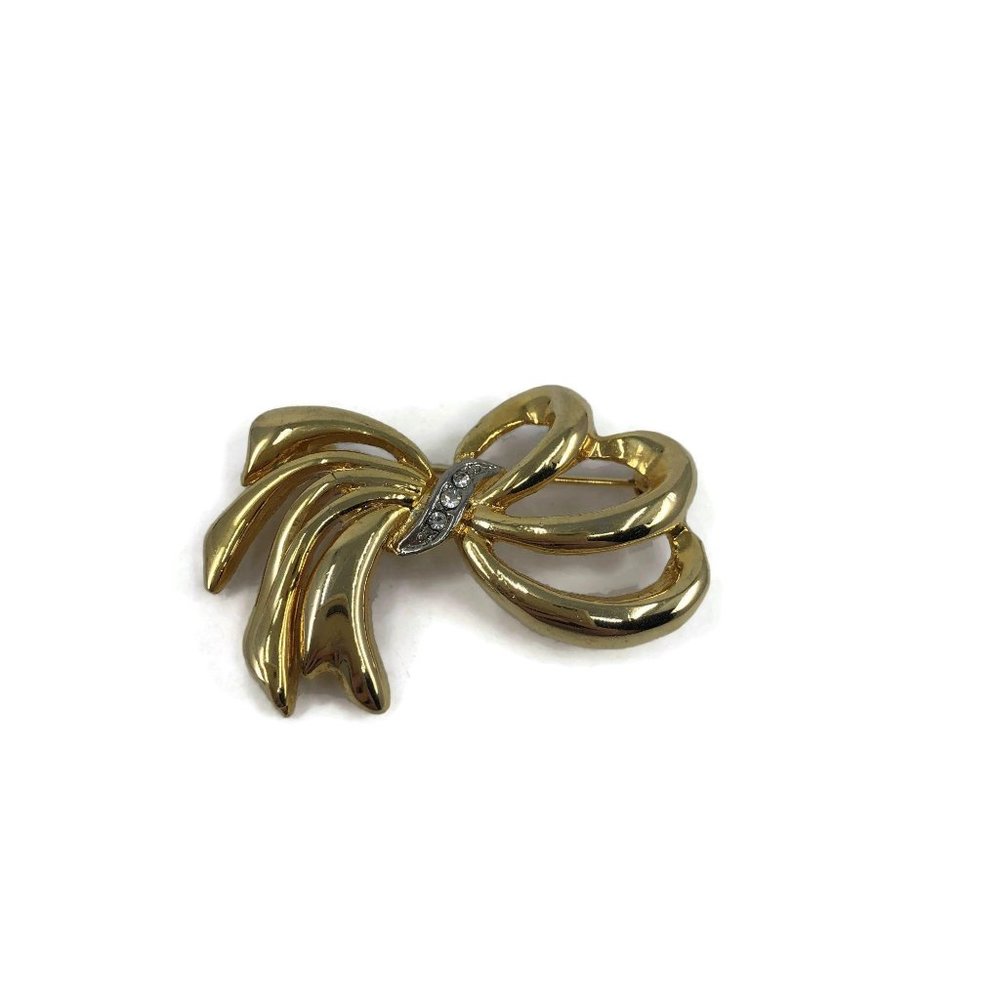 Gold Tone Ribbon Brooch with Rhinestones - Picture 5 of 6